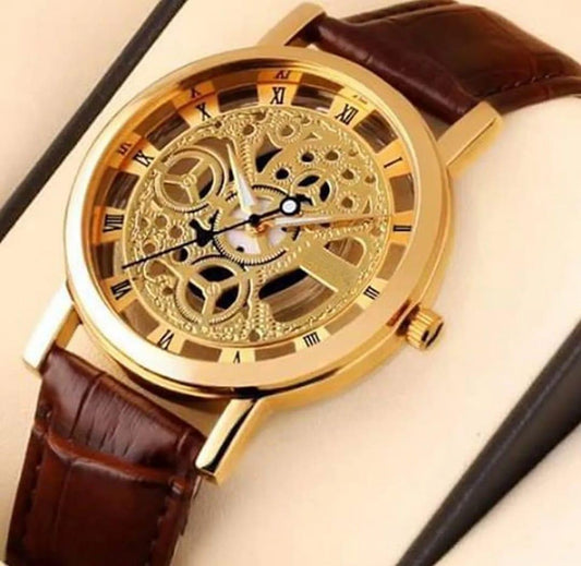 Quartz Vintage Watch | Leather Strap | Golden Metal Dial