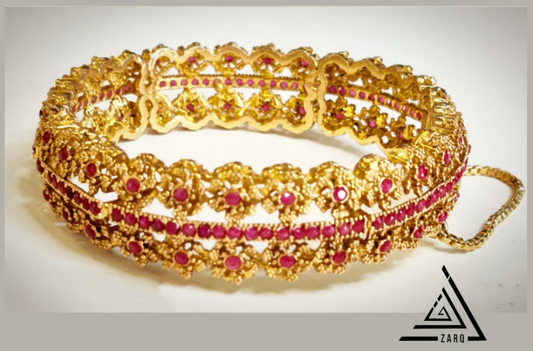 Elegant antique-style Kara by Zarq (Gold-Plated with Ruby)